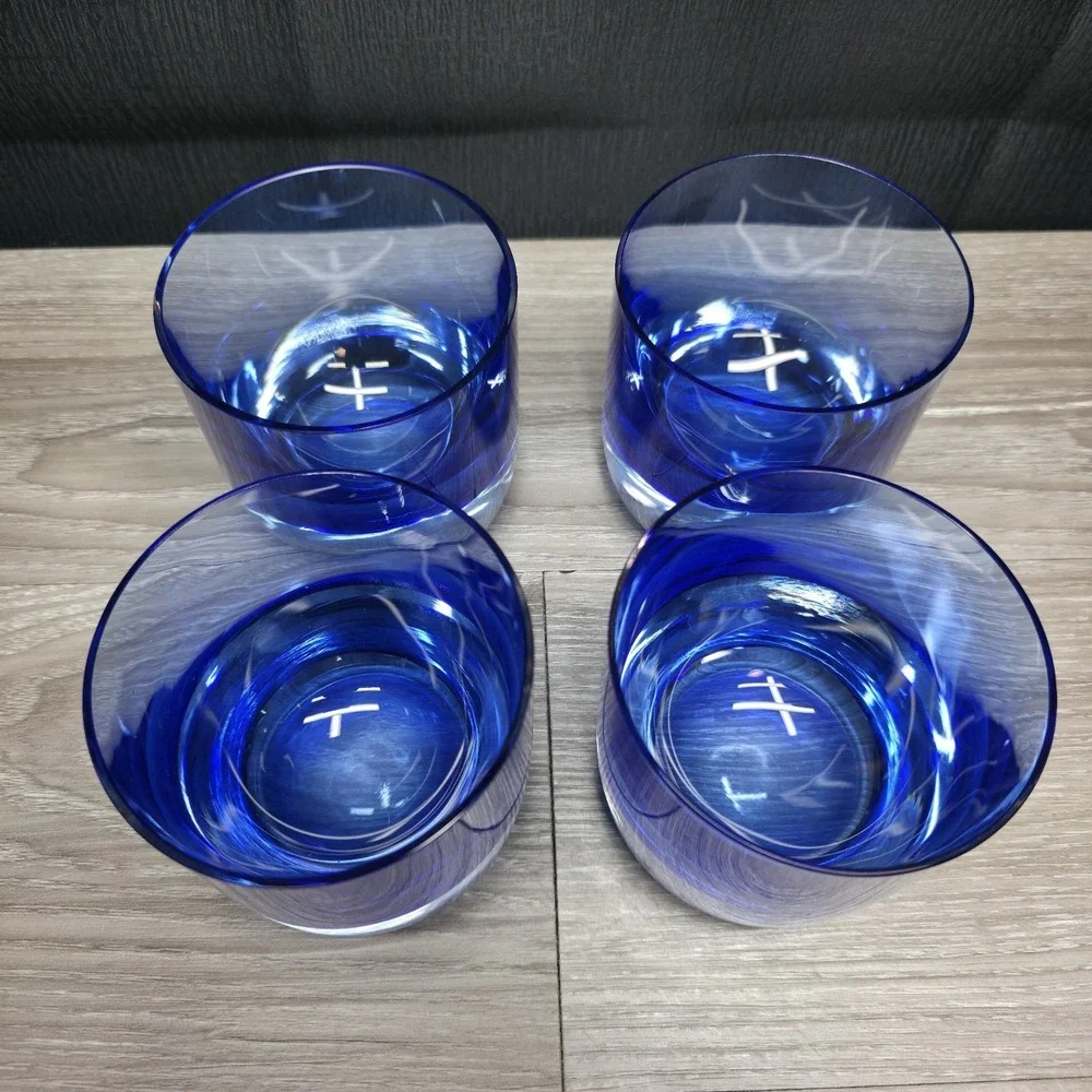 4 Vintage Block Cobalt Blue Glasses‎ - Rare Rounded Heavy Bottom - Stunning!!